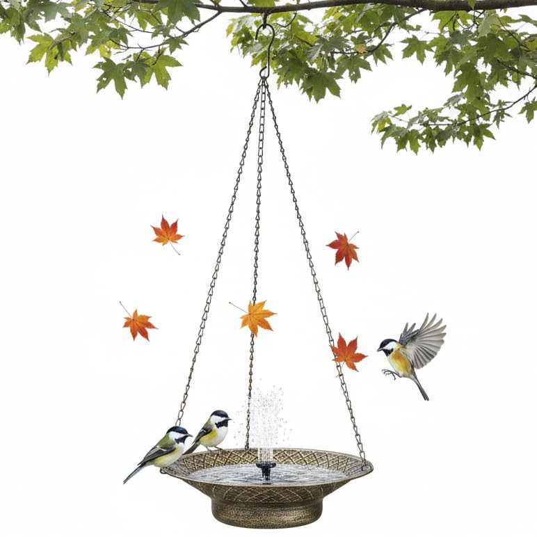 Hanging Solar Bird Bath for Outdoors, Metal Solar Powered Bird Bath Fountain, No Batteries Needed, 12.6" Hanging Bird Baths for Garden Patio Lawn Decor, Gold - color: Gold