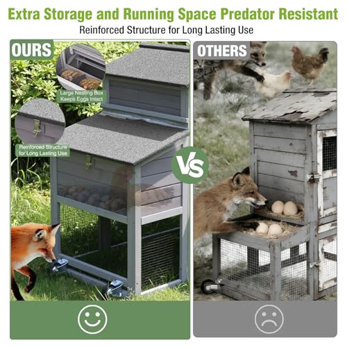 Large Mobile Chicken Coop with Run, 79" Outdoor Wooden Poultry Cage on Wheels, All-Steel Frame Hen House, Waterproof Roof, Nesting Box, for 4-6 Chickens - color: Grey (AIR7008)