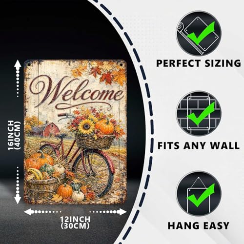 Thanksgiving Fall Bicycle Red Barn Tin Sign Sunflower Pumpkin Farmhouse Wall Decor for Kitchen Dining Room Living Room Porch Entryway and Farmhouse Home Decor 16 * 12In - color: Vintage Thanksgiving Tin Sign 2, size: 30X40cm(12*16in)