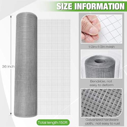 Tatuo Hardware Cloth 1/2 Inch 36in x 150ft Hot Dip Galvanized After Welded Cage Mesh Rolls 21 Gauge Metal Chicken Wire Roll Wire Fencing Poultry Netting for Raised Garden Rodent Animals - color: Silver, size: 36in X 150ft