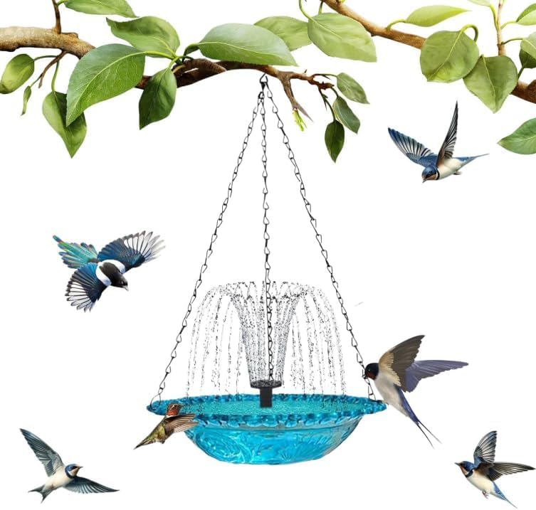 Hanging Bird Bath Fountain, Blue Glass Hanging Bird Bath with Water Fountain, Decorative Outdoor Bird Bath for Garden Yard Patio, Bird Water Feeder for Wild Birds