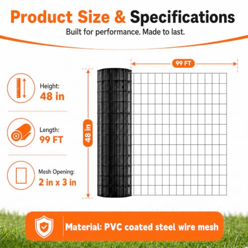 Welded Wire Fence Roll 16GA Black Coated Steel Wire Mesh, Heavy Duty Garden Fencing for Dog Fence, Poultry Enclosure, Vegetable Garden & Flower Border (48 in x 99 ft) - size: 48 in x 99 ft