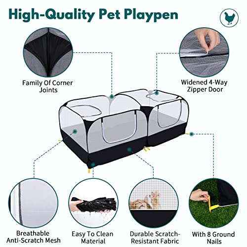 Small Animals Playpen,Pet Cage Tent Large Chicken Run Coop with Detachable Bottom Breathable Transparent Mesh Walls, Foldable Pet Enclosure for Puppy Kitten Rabbits Indoor Outdoor Playpen - color: Black with Detachable Bottom