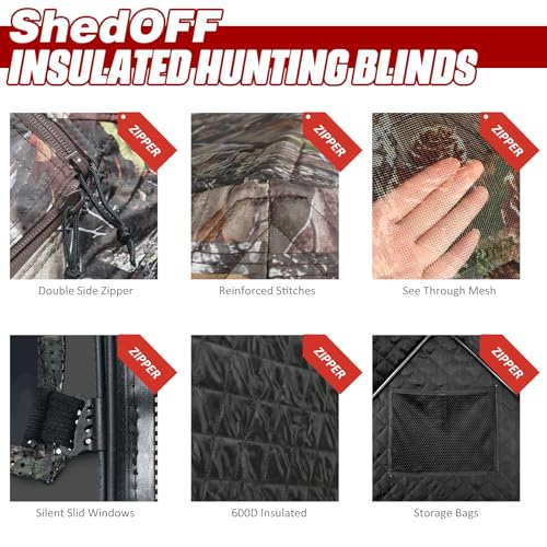 Insulated Hunting Blind for Cold Weather, 300D Oxford Ground Blind with Cotton Layer, 3 See-Through Mesh Windows, Windproof & Warm Hunting Tent for Deer & Turkey Hunting