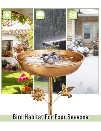Freestanding Bird Bath with Metal Stake - 11” Antique Bronze Metal Birdbath Bowl & Feeder for Outdoor Garden Yard Decor