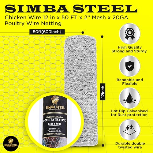 Chicken Wire 12 in x 50 FT x 2” Mesh x 20GA | Poultry Wire Netting | Hot Dipped Galvanised | Hexagonal Galvanized Mesh for Chicken Coop, Rabbit Cage, Fence Barrier PM12x50x2 - style: 12 in x 50 FT x 2 in