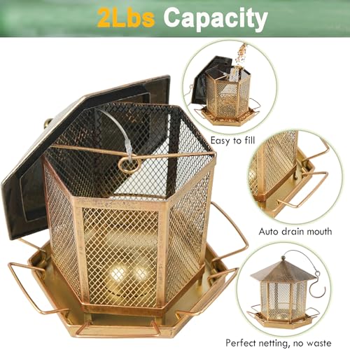 Hexagonal Gazebo Bird Feeders, Weatherproof Wild Bird Feeder for Outdoor | Unique Pavilion Style Metal Bird Feeder for Outside Hanging Garden Patio Backyard Lawn Decor