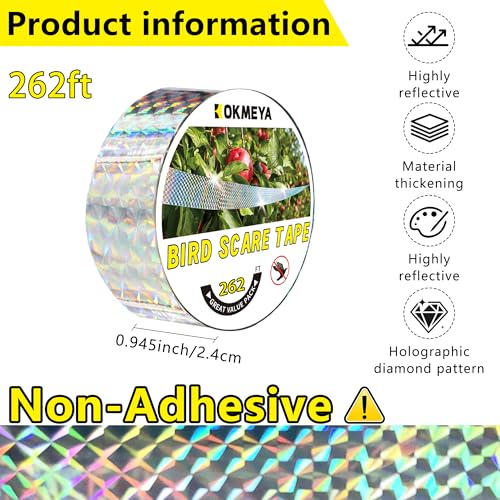 Bird Scare Reflective Tape, 262 Feet per Roll, Double-Sided Reflective, for Repelling Sparrows and Woodpeckers, Suitable for Outdoor Use in Homes, Gardens, Farms, Orchards,Outdoor - size: 262 Ft*1