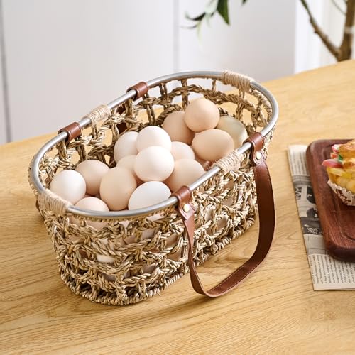 Farmhouse Seagrass Egg Baskets for Collecting Fresh Eggs Handmade Egg Collecting Basket Wicker Oval Storage Basket for Picnic, Harvest, Vegetable - color: Oval-Seagrass