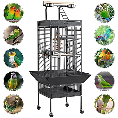 Yaheetech 61" Playtop Parrot Bird Cage with Rolling Stand, Wrought Iron Parrot Cage for Cockatiels Quaker Conure Parakeet Lovebird Finch Canary, Black - color: Black