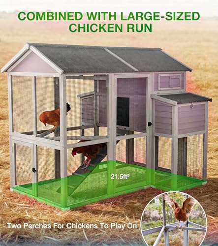 GUTINNEEN Extra Large Chicken Coop with Run Walk in Chicken House with 2 Large Nesting Boxes Sturdy Iron Angle Brackets 76" L Grey - size: 75.7"L x 65.7"W x 59.1"H