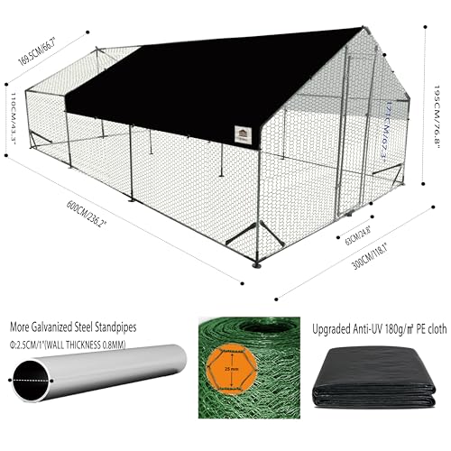 Chicken Runs for Yard with Cover, Metal Chicken Coop, Upgraded Anti-UV 180g/㎡ PE Cloth & 1.1mm Thickened PVC-Coated Hexagonal Chicken Wire Mesh & More Galvanized Steel Standpipes,19.7×9.8×6.4FT - size: 236.0"L x 118.0"W x 77.0"H