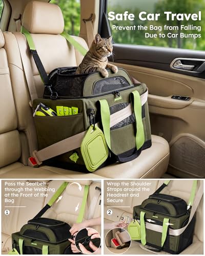 Pecute Cat Carrier,Top Expandable Dog Crate for Travel, Green | 5mm Anti-Collapse Steel Frame, Soft Mesh, Vet Visits, Foldable Travel Crate,Outdoor Hammock, Leakproof Pee Pad & Bowl - color: Green
