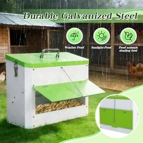 Automatic Chicken Feeder 22lb Wall Mounted Hanging Poultry Feeding Trough | stainless steel metal Hen Rooster Duck Lid Gravity Goose Coop heavy duty feed bucket chick food fence station outdoor