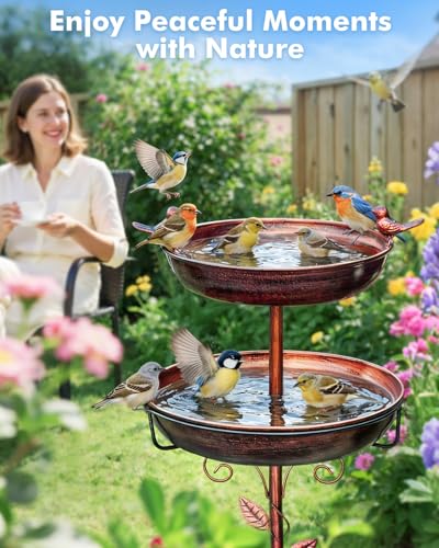Metal Bird Bath for Outside - Outdoor Garden Decor Birdbath 2-Tier Water Bowl with Copper Finish Stake Adjustable Height 45'' Tall for Yard