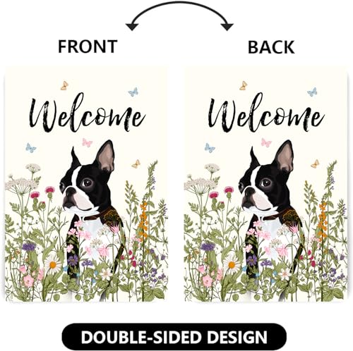 Floral Boston Terrier Garden Flag 28 x 40 Double Sided Multicolored Flower Dog Yard Flag for Outdoor Welcome - color: p-boston