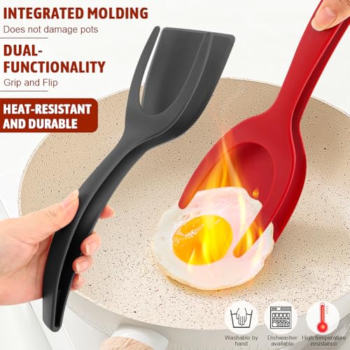 2 in 1 Egg Flipper Spatula, Non-Stick Grip and Flip Spatula Tongs for Pancakes, Omelets, Fish, Eggs, Burgers, Steaks, Heat Resistant Cooking Tool for Kitchen use(COLOR:Black+Red) - color: Black+Red