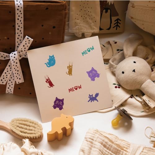 AHANDMAKER 5 Styles Cartoon Cat Patterns Wooden Rubber Stamps, Cute Cat and Claw Round Handle Stamps Mini Decorative Wooden Stamp for Scrapbooking Card Making Letter Diary Decoration(No Ink Include) - style: Cat