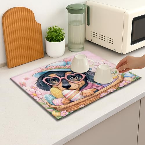 Easter Floral Dish Drying Mats for Kitchen, Cute Dog with Eggs Absorbent Dish Rack Mat, Spring Fanciful Microfiber Drying Pad for Counter Protector 18x24 Inch - size: 24" x 18"