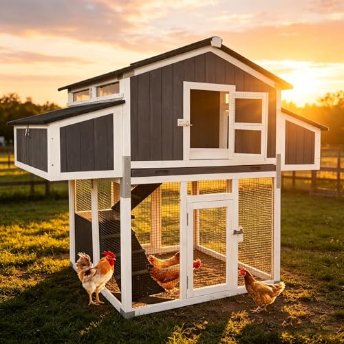 Large Chicken Coop for 6-8 Chickens, Double Folding Wooden Chicken House with 2 Nesting Boxes, Reinforced Iron Frame, Pull-Out Tray & Waterproof Roof, Outdoor Poultry Cage-(Black) - color: Black (AIR66-B)