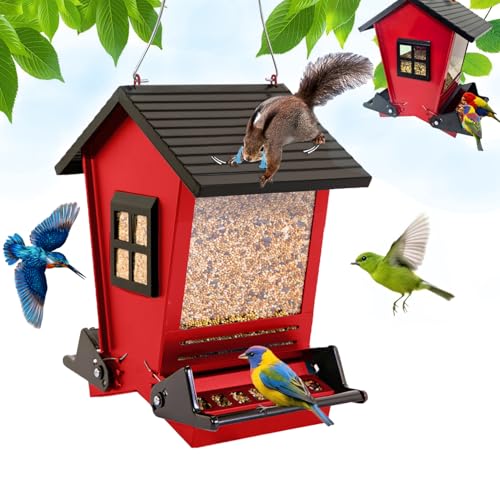 LSCQYYCCSquirrel Proof Bird Feeders for Outdoors Hanging, 5LB Capacity Metal Wild Birdfeeders Outside Hanging,Large Feeder that Attracts Cardinals, Chickadees, and More Birds-One in red ﻿ - color: red