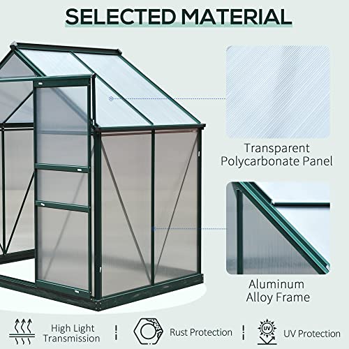 Outsunny 6' x 4' Polycarbonate Greenhouse with Rain Gutter, Dark Green | Aluminum Walk-in Green House, Push Door, for Outside Patio Backyard Garden - color: Dark Green, size: 74.75" x 52" x 79.25"