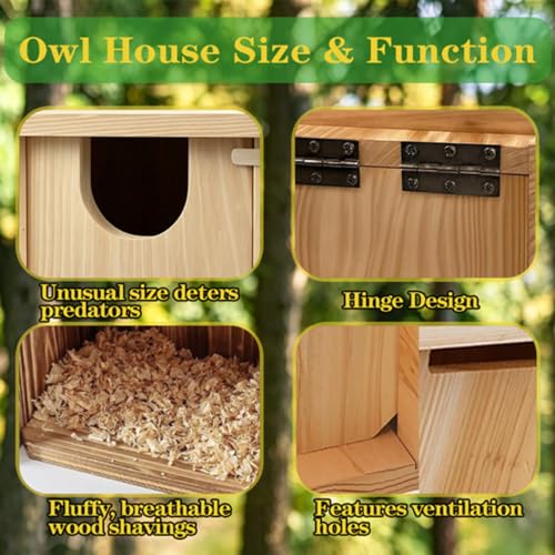 Pine Owl House,14×9×9 Inch Weather‑Resistant Outdoor Nesting Owl Box | Outdoor natural pine owl box with wood shavings, quick assembly. Weather‑resistant shelter, ideal gift for wildlife lovers.