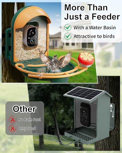 Bird Feeder with Camera, Smart Birdfeeder with Cam Solar Powered, 2K HD Video, AI Identification, Instant Arrival Alerts, IP66 Bird Bath & Feeder,Gift for BirdLover (with BirdBath, Dark Green) - color: Dark Green, style: With BirdBath