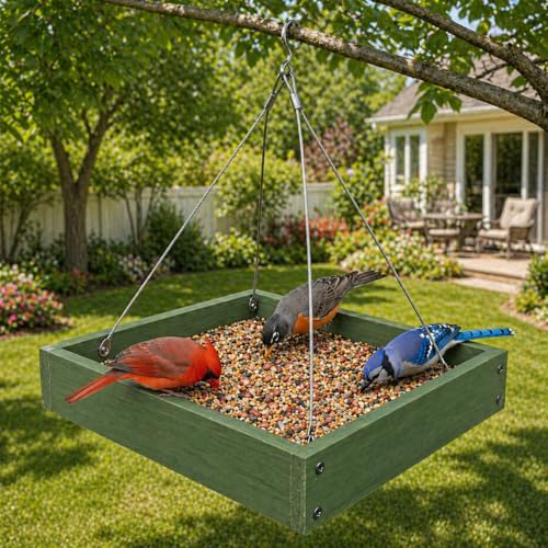 Platform Bird Feeder,Tray Bird feeders Outdoors,Wooden Tray Bird Feeder Hanging Platform,Platform Bird Feeder Tray,Suitable for Birds in Outdoor Gardens and Courtyards(A3-Green)