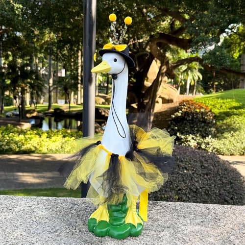20" Porch Goose Statue with Bee Skirt Outfit, Large Resin Statues - color: Bee Hat and Skirt