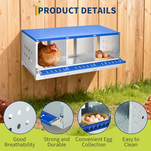 GarveeLife 3 Compartment Chicken Nesting Box,Heavy Duty Galvanized Steel Rustproof Laying Box for Hens Ducks,Anti-Peck Rustproof Nest Boxes 37.8" l x 18.9" w x 15.75" h Blue
