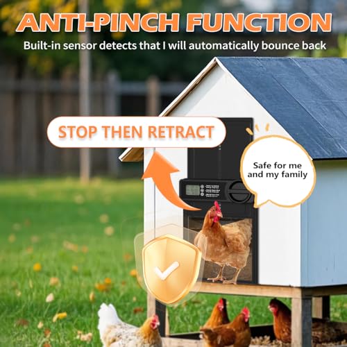 Automatic Chicken Coop Door, Battery Powered with Anti-Pinch Sensor | Waterproof Automatic Opener, Smart Timer, Large LCD Display, Auto Open/Close for Hens, Ducks & Geese Poultry