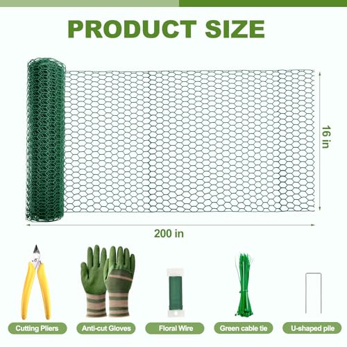 All-in-One 200 Inch Plant Protectors from Animals Kit - 0.85mm Heavy Duty Chicken Wire Cloche,Free-Cut Wire Mesh Roll Includes Pliers, Gloves, Ties, Stakes for Custom Outdoor Cages (16 * 200 Inch) - size: 16*200 Inch