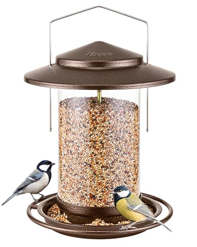 iBorn Bird Feeder for Outside Hanging,Bird Seed for Outside Wild Bird Feeders for Garden Yard Outdoor Decoration,Round Roof Design Coffee - color: Coffee,2.2LB,6Port