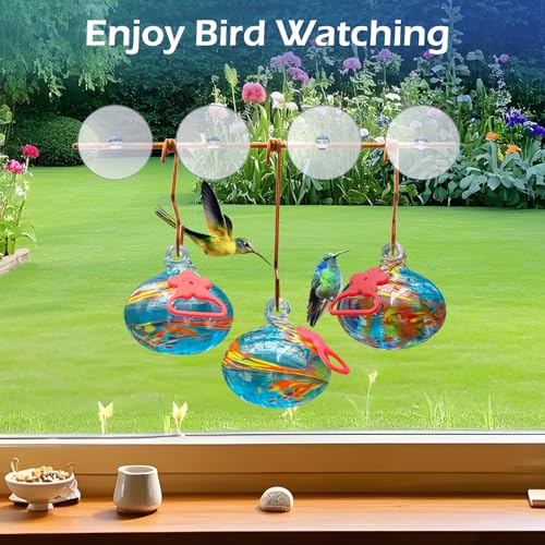 Pozfun Window Hummingbird Feeder with Suction Cups,Hand-Blown Glass Hummingbird Feeders for Outdoors Window Mounted with Metal Hook,Close Bird Watching,Finch in Garden,Yard(Blue) - color: Phoenix Tail Blue