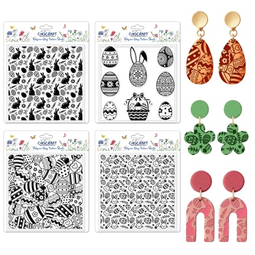 CHGCRAFT 4 Pcs Easter Polymer Clay Texture Sheets Bunnies Silicone Texture Stamp Easter Eggs Clay Texture Mat Background Modeling Pattern Pad for Jewelry and Clay Earrings Tools, 5.5x5.5 inch - style: Easter Background