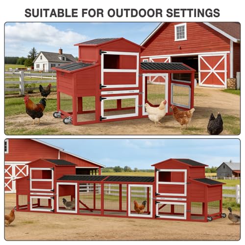 80" Large Chicken Coop on Wheels, with Run, Outdoor Wooden Hen House with Nesting Box, Leakproof Pull-Out Tray & Waterproof Roof, for 4–6 Chickens-Red - color: Red (AIR61-R)