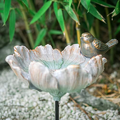 Bird Baths for Outdoor, Resin Garden Flower Birdbath Bowl Yard Decor | Antique Bird Water Bowl with Metal Stake, Tabletop Flower Bird Baths and Bird Feeder Attracts Birds for Outside Yard Decor - color: Copper