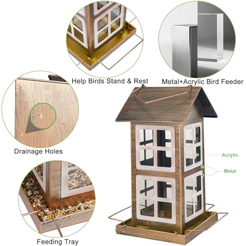 Bird Feeder, Waterproof Bird Feeders for Outdoor Hanging | Heavy Duty Metal, 6LB Large Capacity, 4 Perches, Drain Holes, For Outside Garden Yard Country Hanging, House Shape - size: Vertical