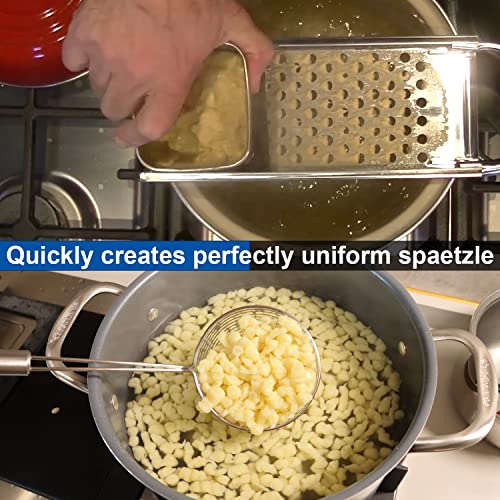 Premium Grade Stainless Steel Spaetzle Maker with Comfort Grip Handle, Stainless Steel Spider Strainer Skimmer Spoon Pasta Strainer, Homemade German Egg Noodle Dumpling Making Tool Set - color: Spaetzle Maker & Silver Strainer