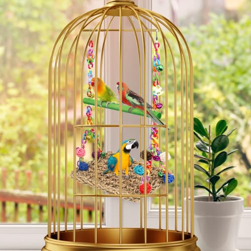 Bird Swing Mat with Wood Perch, AHIER Seagrass Bird Hammock for Conures with Chewing Toy for Parakeets, Budgie, Cockatiel Cage Accessories (Green Pole) - color: Green Pole