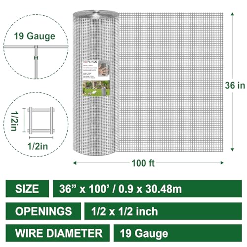 HOPERAN Hardware Cloth 1/2 Inch 36 x 100 ft, 19 Gauge Chicken Wire Fencing | Hot Dipped Galvanized After Welding, Rust resistant, Heavy-duty, for Garden Fencing Gopher Wire Rabbit Cage Poultry Netting - size: 1/2in 36in × 100ft