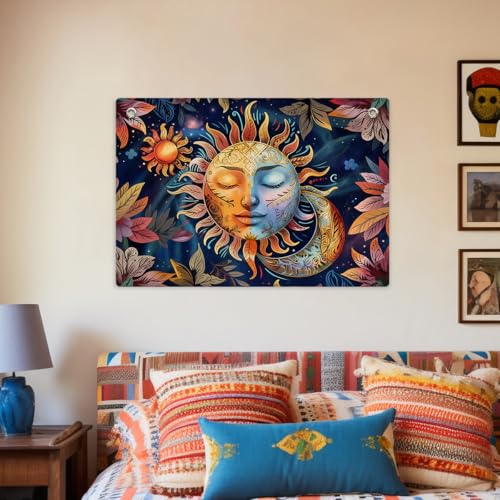 Hippie Sun and Moon Tapestry Banner Flag Wall Hanging for Bedroom Aesthetic | Boho Bohemian Hippy Mystic Floral Tapestries, Celestial Floral Backdrop Banner Decor for Living Room Dorm 28.5x20 Inch - color: Multi 0665