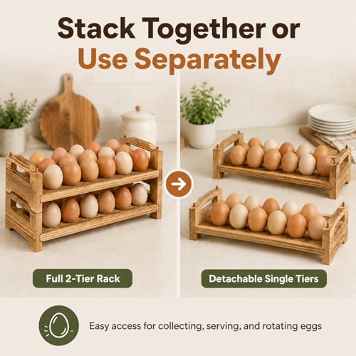 Wooden Egg Holder Countertop, Holds 36 Eggs, 2-Tier Stackable Fresh Egg Rack for Kitchen Counter – Pine Wood Farmhouse Egg Basket for Backyard Chicken Eggs, Detachable Organizer for Gathering Storage - color: 3 Eggs - 2 Tier Square