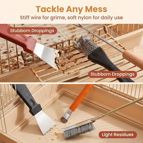 6Pcs Bird Cage Cleaner Brush Kit - Bird Poop Remover & Cage Cleaning Tools Set, Stainless Steel & Nylon Brushes for Parakeet, Budgie, Parrot & Small Animal Cages, Multi-Size for Deep Cleaning