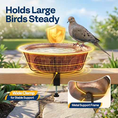 VIVOHOME Deck-Mounted Bird Bath with Adjustable Metal Clamp, Bronze | Weather-Resistant ABS, 1.45-Gallon Capacity, for Railing/Fence/Balcony, Bird-Friendly, Easy to Clean - color: Bronze, size: Birdbath Only