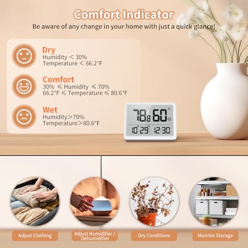 Indoor Thermometer Hygrometer with Clock, Room Temperature Monitor | Calibration, 3.62 LCD, 3-Way Mount, 10s Refresh, Date Display, Comfort, Baby Room, Greenhouse, Guitar, CR2450 Battery - color: White