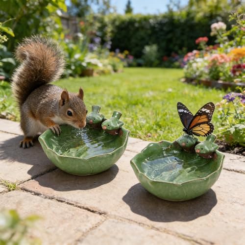 2 Pack Ceramic Bird Bath for Outdoors, 5.5" Ground Birds Bath Bowl for Outside, Heavy Duty Wild Bird Feeders, Feeding Tray Food Holder for Balcony Garden Lawn Patio Decor Tabletop, Green