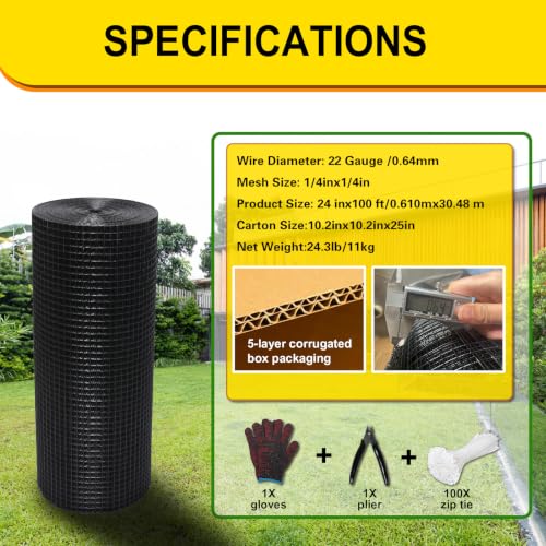 Black Hardware Cloth 1/4inx24inx100ft, Chicken Wire Fencing, 22 Gauge, Vinyl PVC Coated Mesh, Welded Wire mesh, Perfect for Gopher Wire, Rodent Mesh, Tree Guard, Chicken Coop - size: 1/4inx24inx100ft