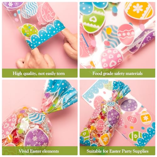 GOMANCHE Easter Cellophane Candy Bags, 100 Pieces Easter Treat Bags with Gold Twist Ties, Easter Cello Goodie Cooikes Gift Bags for Easter Party Favor Supplies